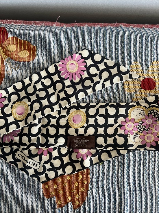 Coach Accessories - Coach Rare Black & White Logo Silk Scarf with Pink & Gold Floral Accents